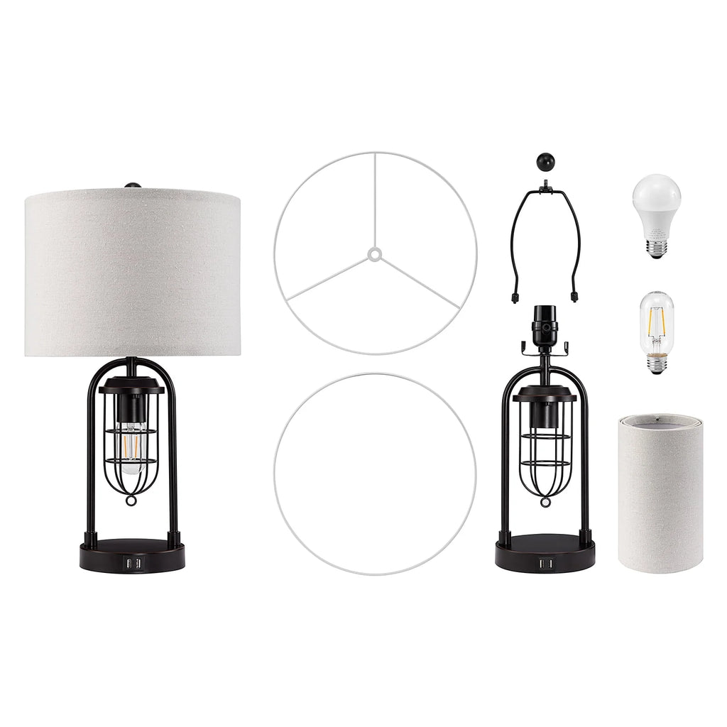 21'' Table Lamps Set of 2 with USB Port and Night Light, White Drum Shade P67490