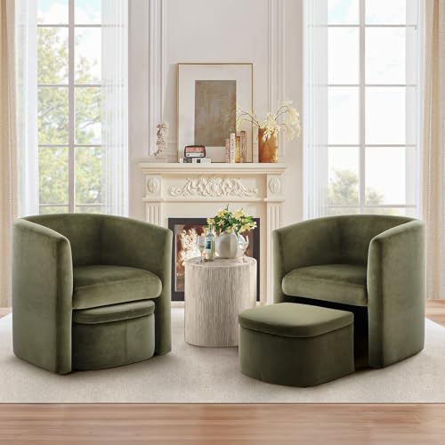 Green Velvet Accent Chair with Storage Ottoman W1062