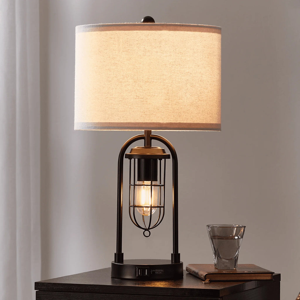 21'' Table Lamps Set of 2 with USB Port and Night Light, White Drum Shade P67490