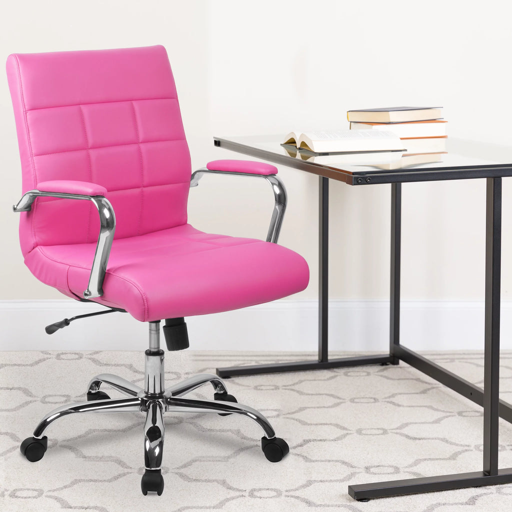 Mid-Back Pink Vinyl Executive Swivel Office Chair with Chrome Base and Arms J379