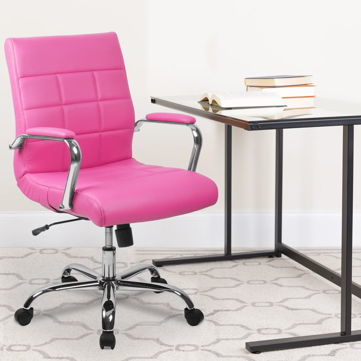 Mid-Back Pink Vinyl Executive Swivel Office Chair with Chrome Base and Arms J379