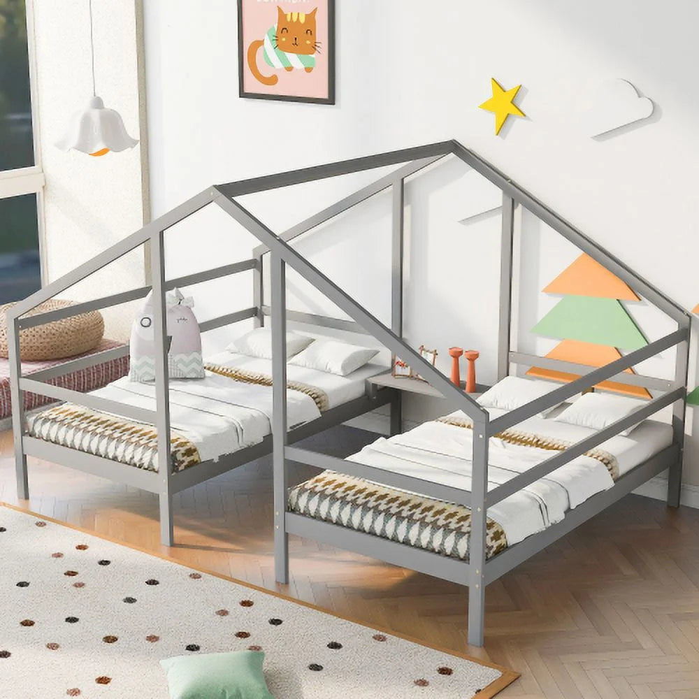 Twin Size Triangular House Beds with Built-in Table Gray Q72403