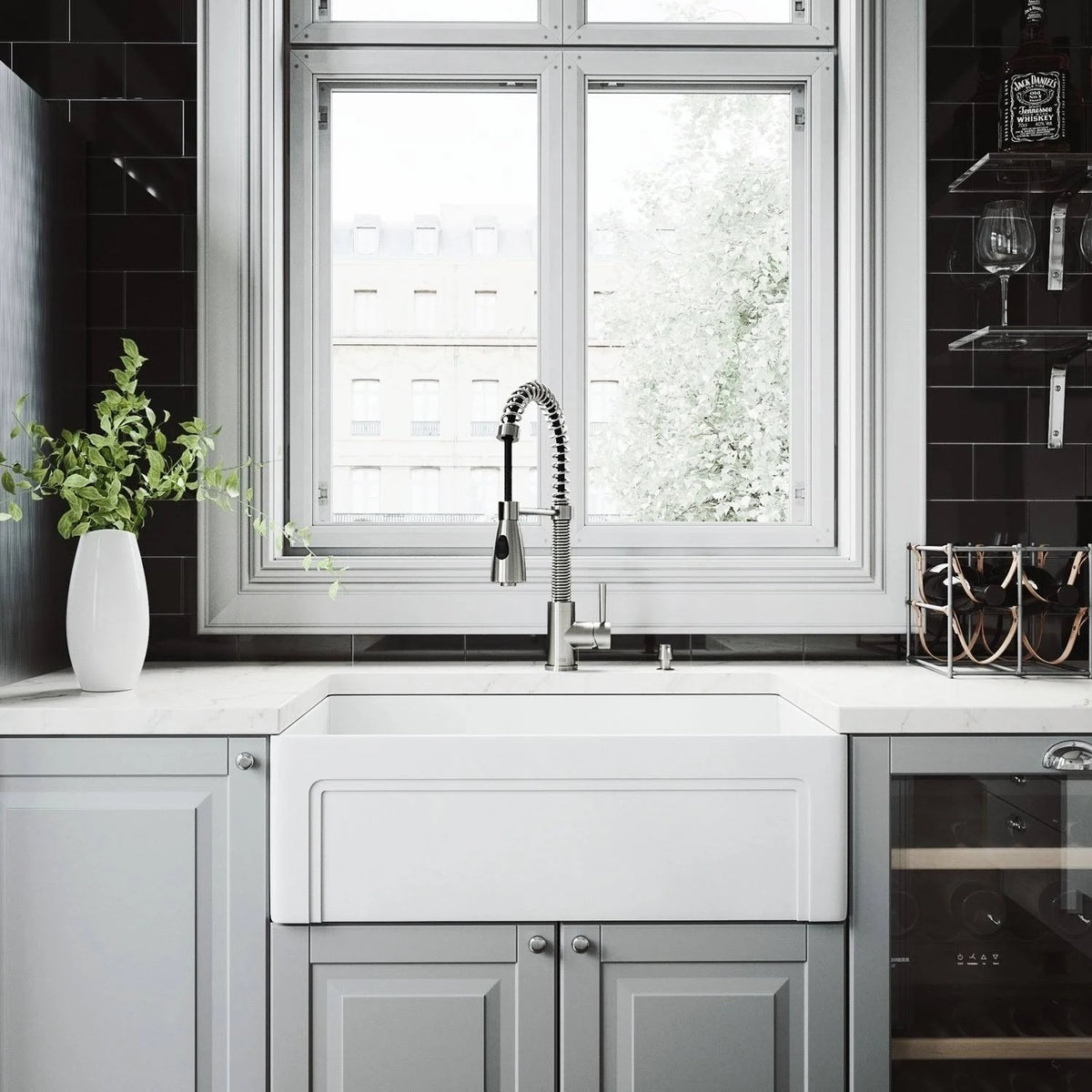 30 in. Matte Stone Farmhouse Kitchen Sink Set with Faucet in Stainless Steel Y396167