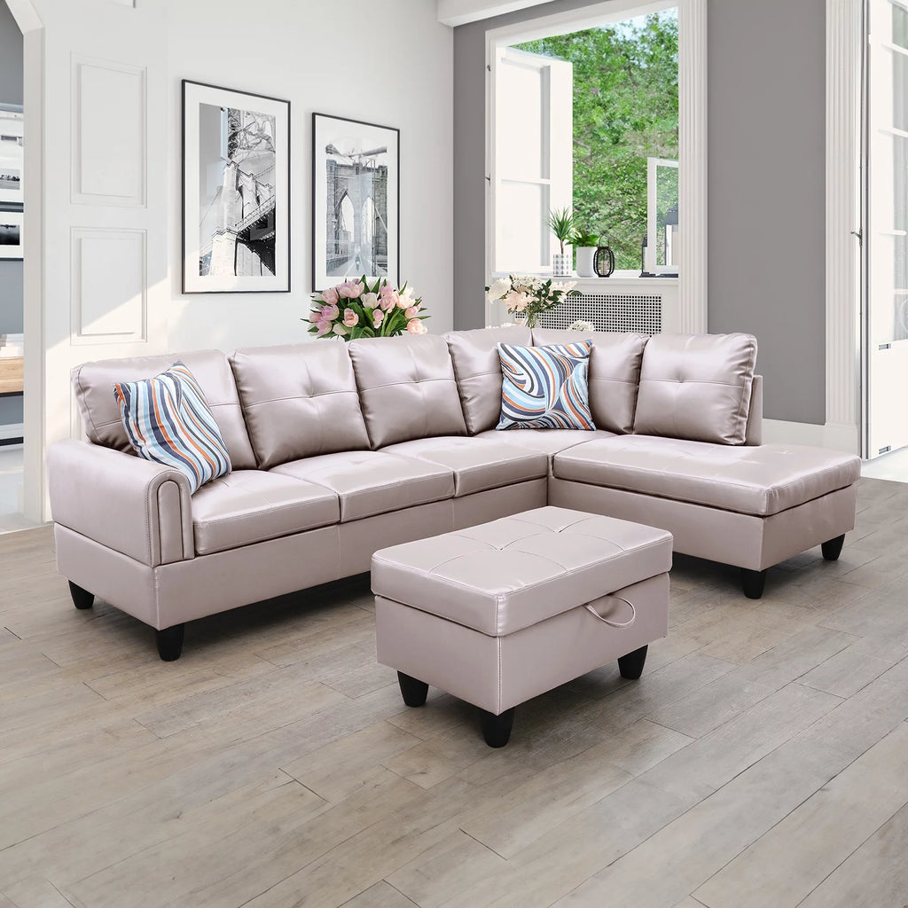 Faux Leather 3 Pieces Right Facing Sofa Set With Ottoman M97775