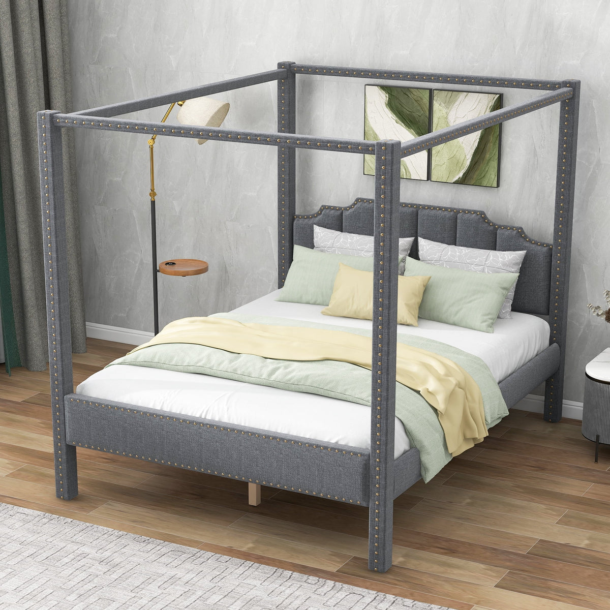 Queen Size Upholstery Canopy Platform Bed with Headboard Gray G68282
