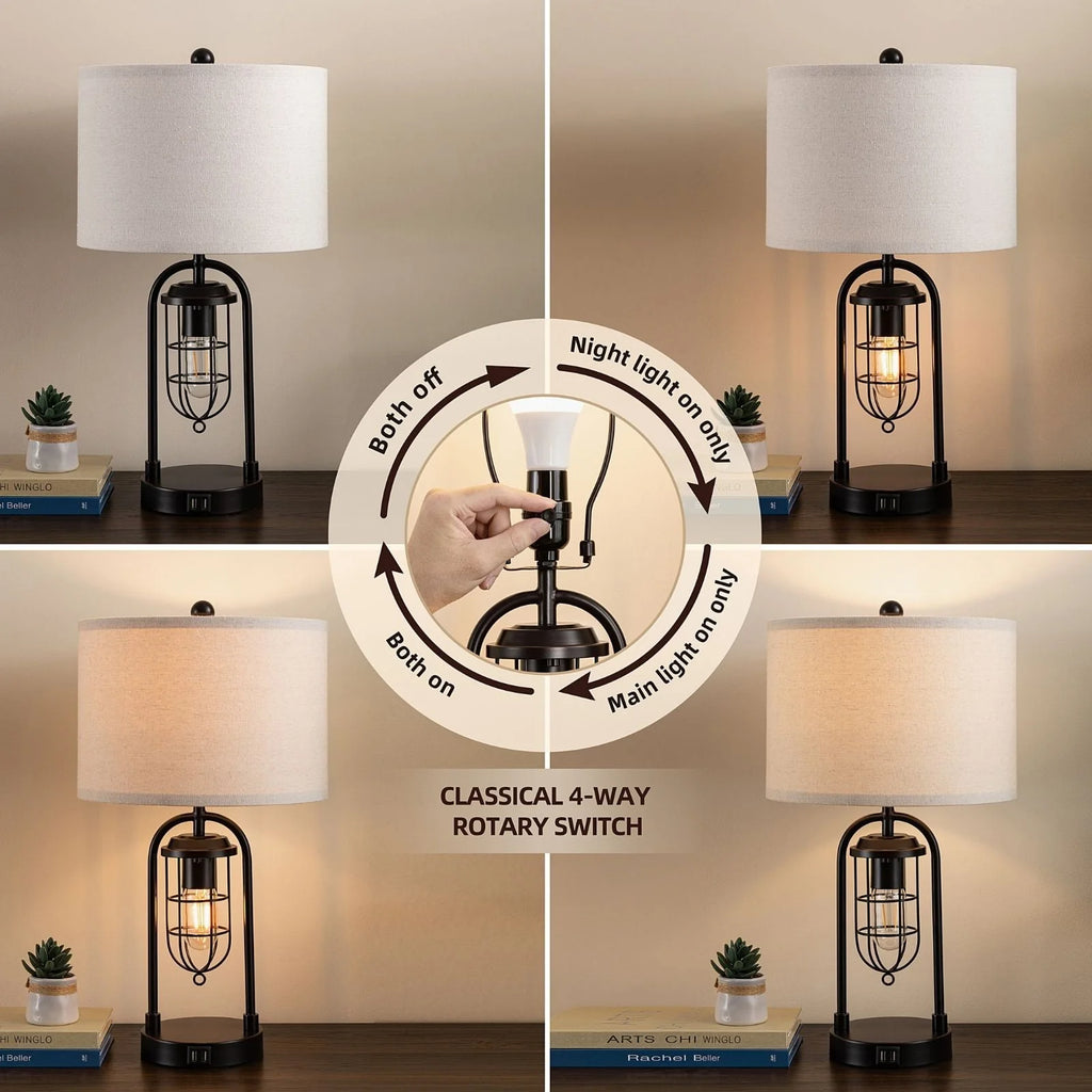 21'' Table Lamps Set of 2 with USB Port and Night Light, White Drum Shade P67490