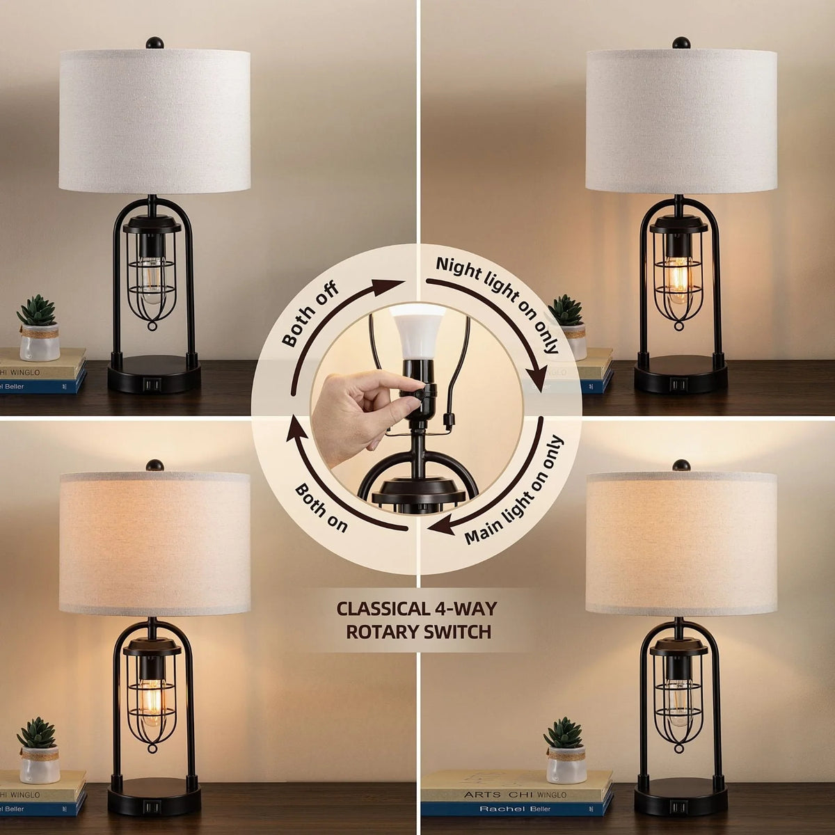 21'' Table Lamps Set of 2 with USB Port and Night Light, White Drum Shade P67490