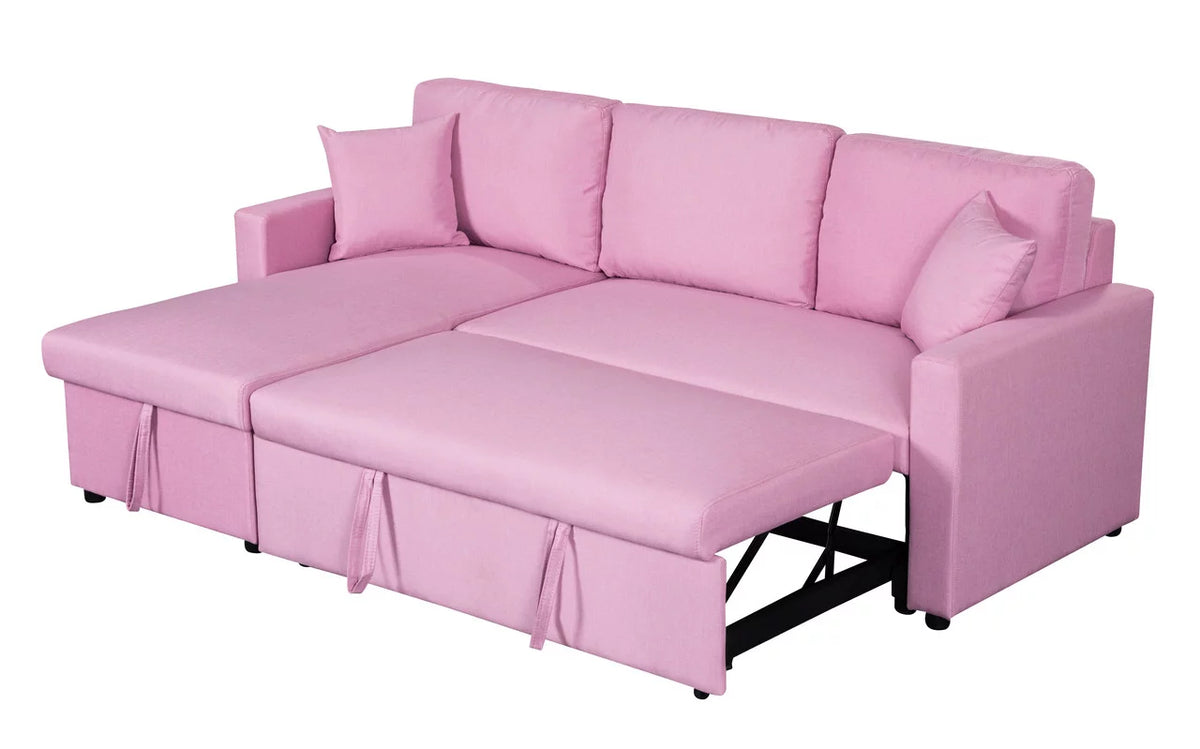 Pink Linen Fabric Reversible Sleeper Sectional Sofa with Storage Chaise B46648