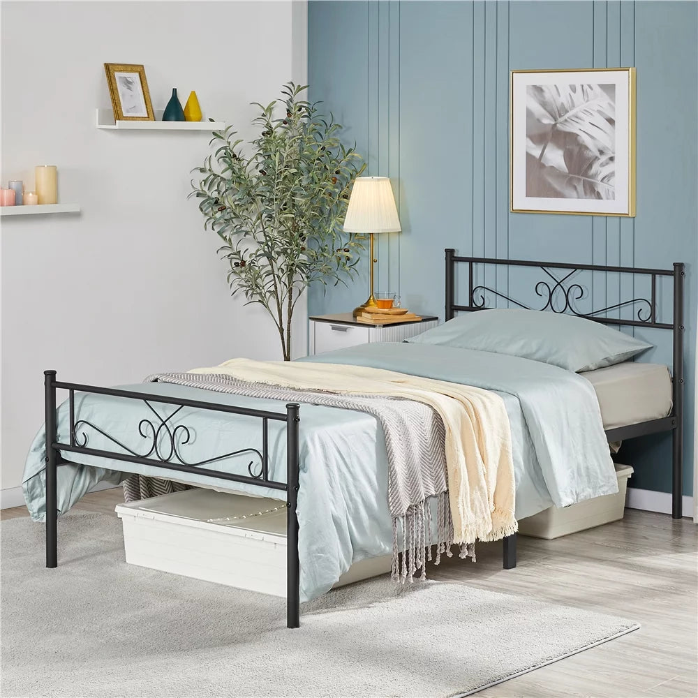 Twin Size Black Metal Platform Bed Frame with Headboard and Footboard O1981