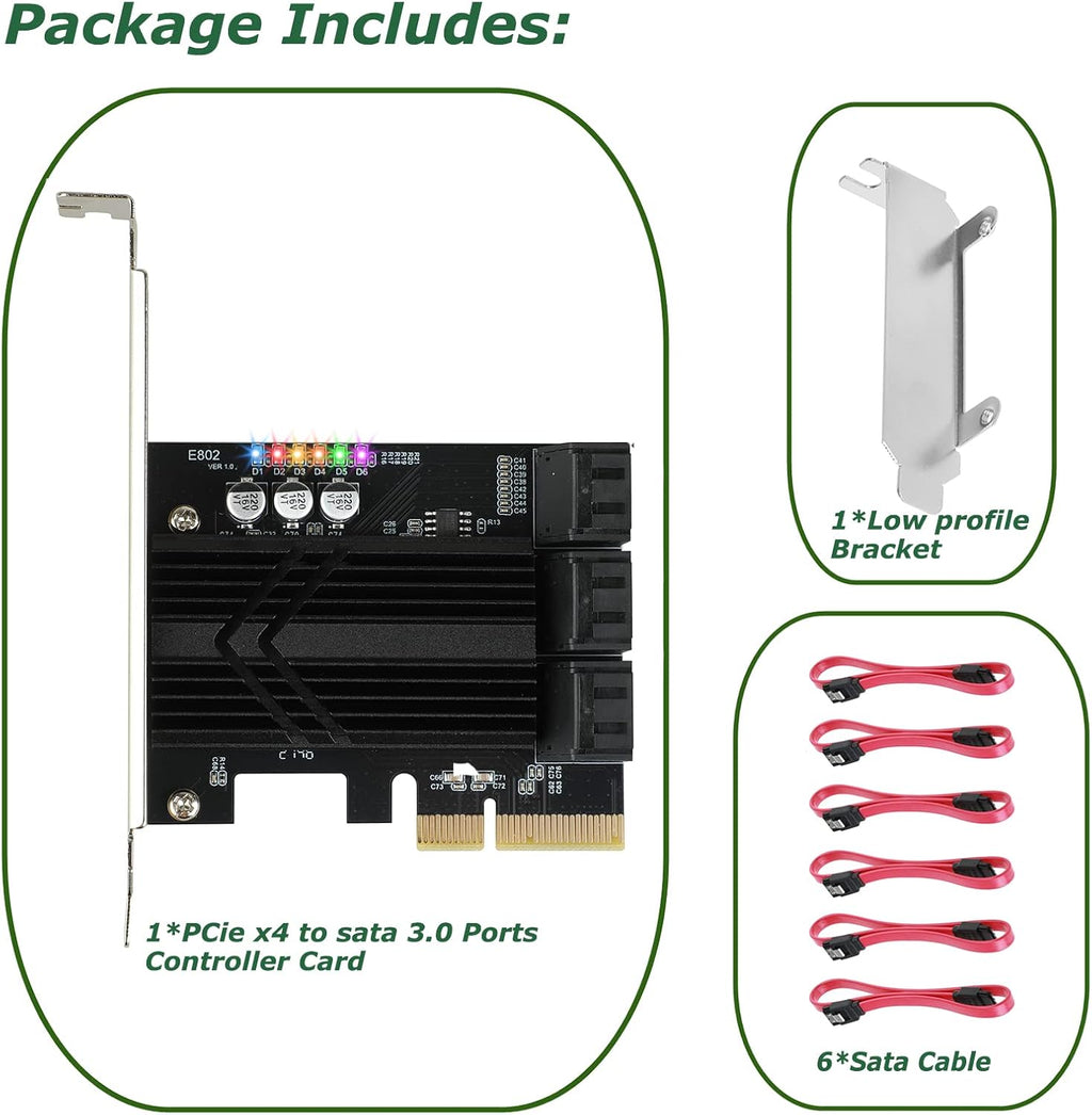 PCIe X4 6 Ports SATA III Expansion Card 6 Gbps with 6 SATA Cables I689