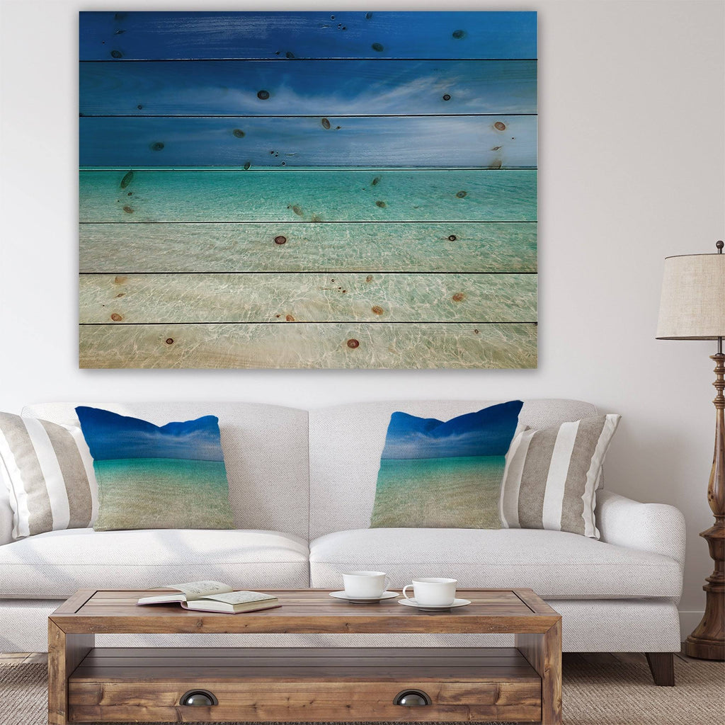Turquoise Ocean Blue Sky Seascape Print on Pine Wood 40 in. Wide x 30 in. High L198206