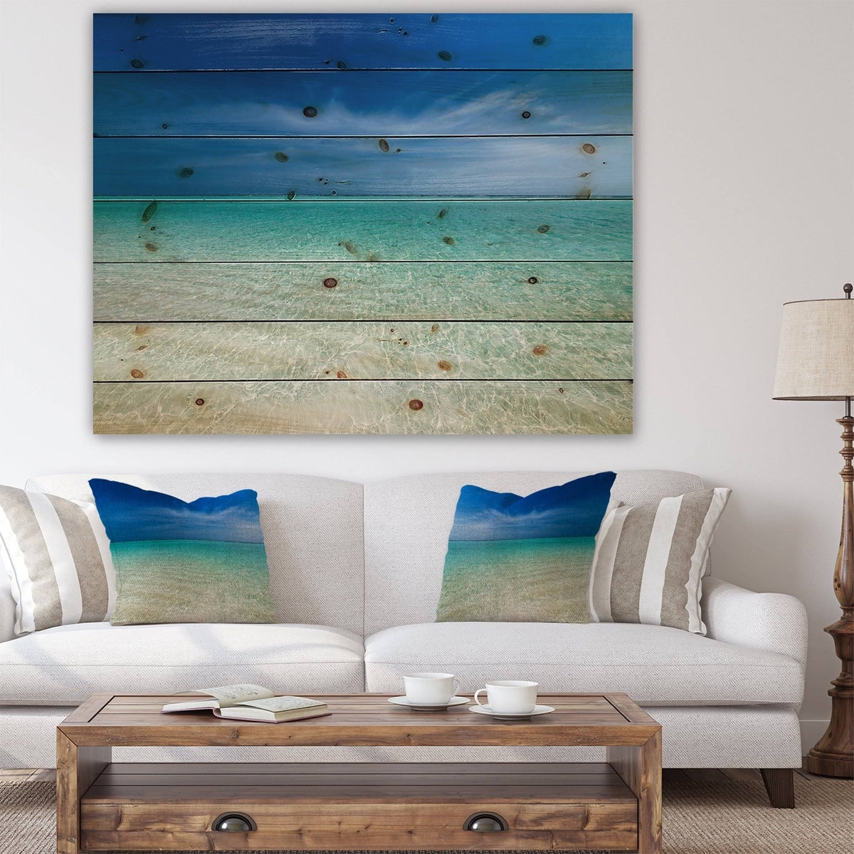 Turquoise Ocean Blue Sky Seascape Print on Pine Wood 40 in. Wide x 30 in. High L198206