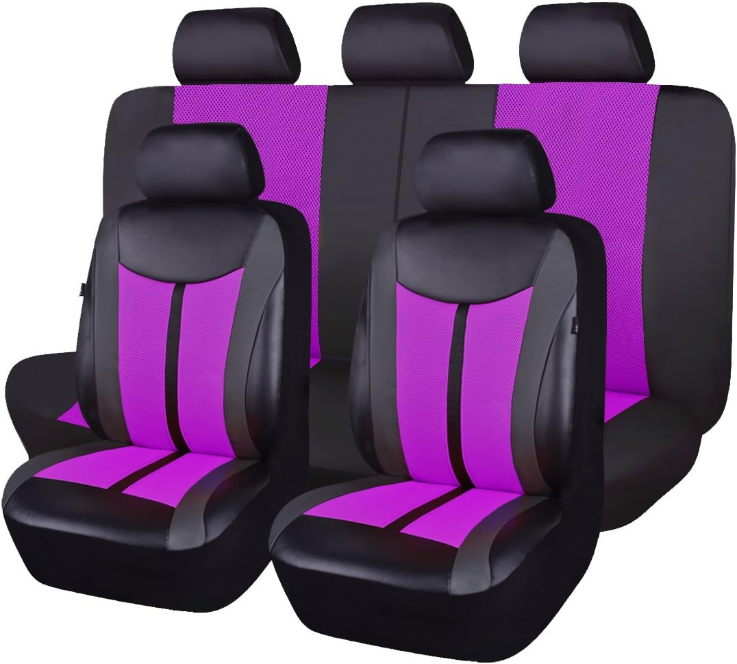 Black Purple Leather Car Seat Covers Full Set B402