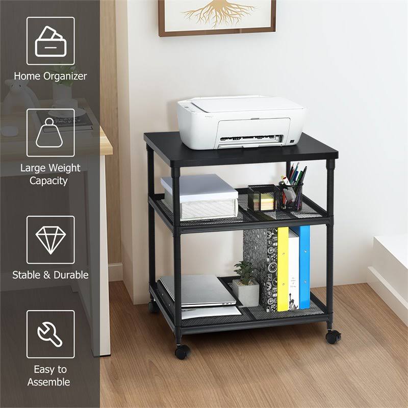 3-Tier Printer Stand Rolling Cart with Adjustable Shelf and Swivel Wheel Black T8610