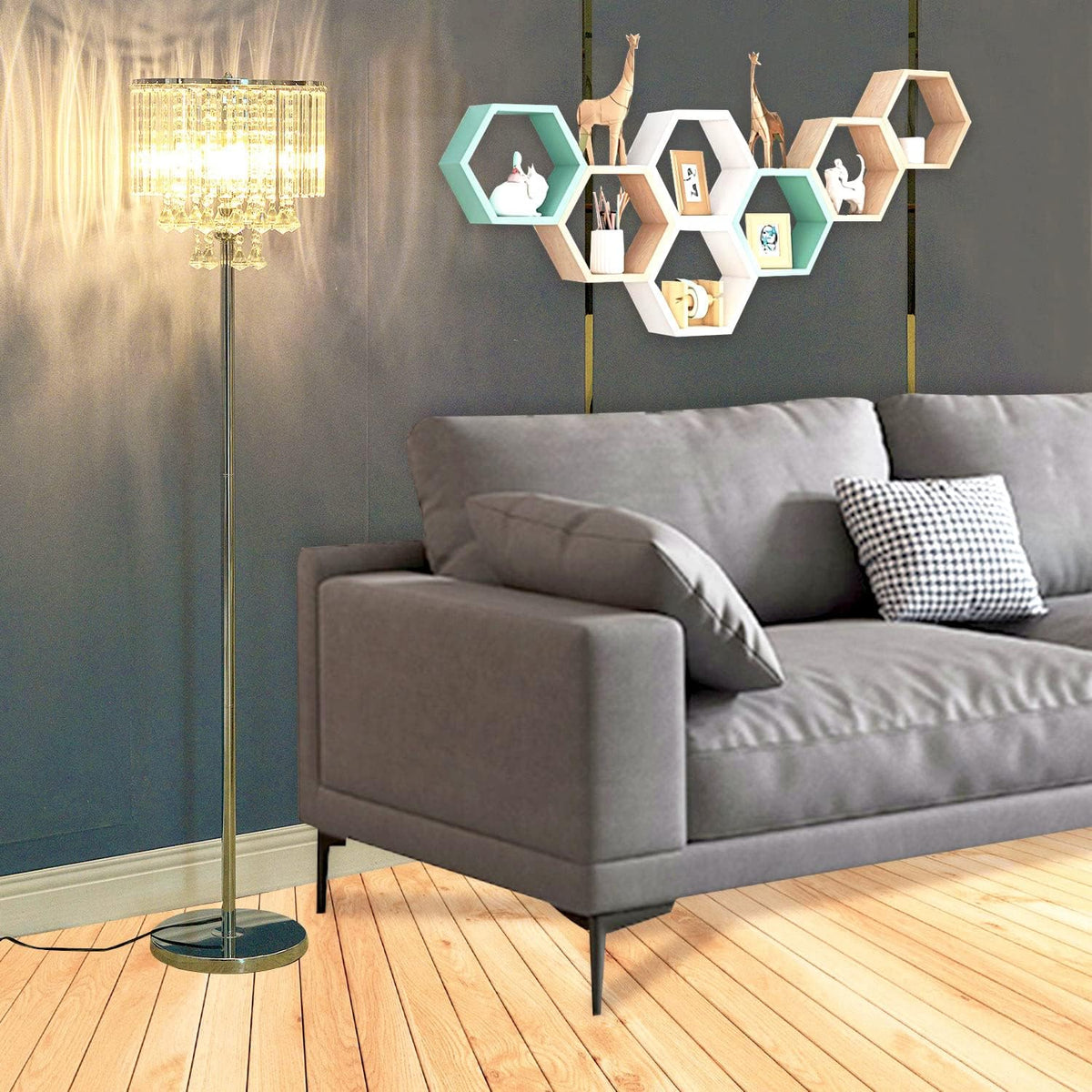 Crystal & Glass 3-Lights Chrome Finish Floor Lamp W8630