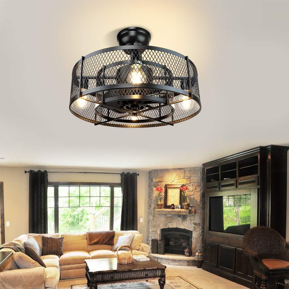 20In Caged Ceiling Fan with Light, 3 Speeds, Remote, Black V2609