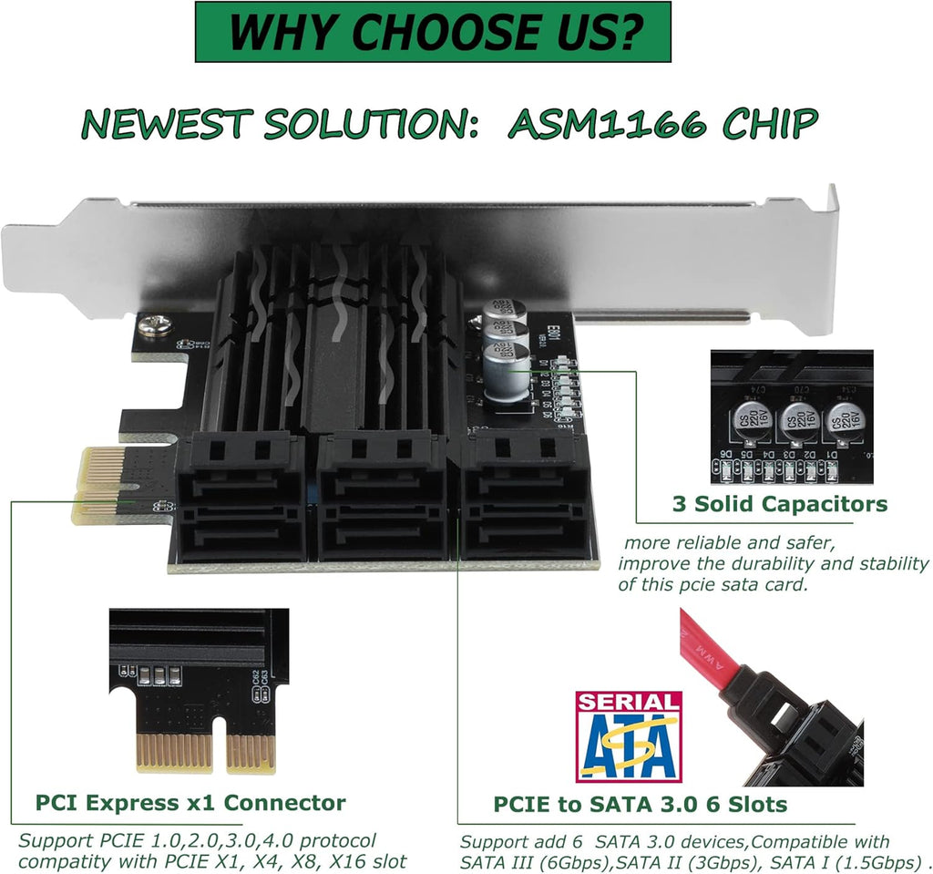 PCIe X4 6 Ports SATA III Expansion Card 6 Gbps with 6 SATA Cables I689