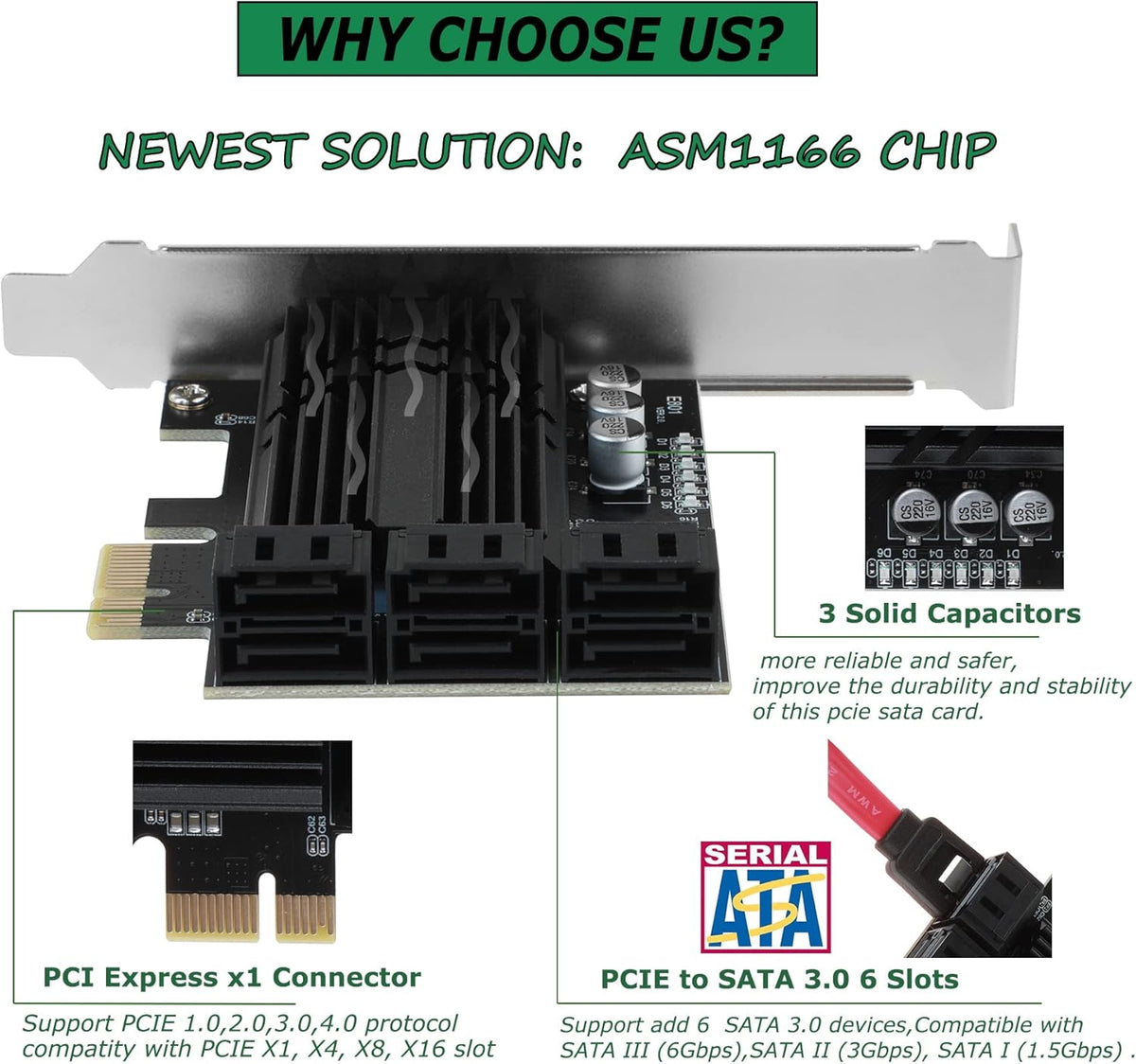 PCIe X4 6 Ports SATA III Expansion Card 6 Gbps with 6 SATA Cables I689