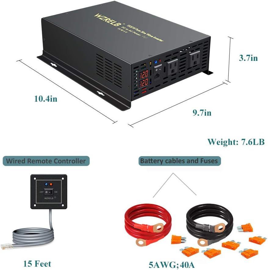 1500W 12V Pure Sine Wave Power Inverter with Remote Controller N75431