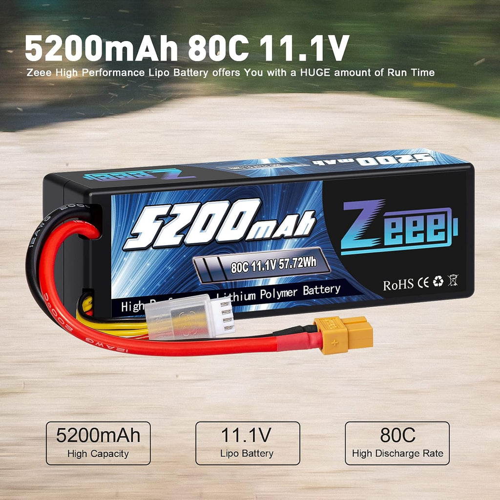 3S Lipo Battery 5200mAh 11.1V 80C with XT60 Connector Hard Case (2 Pack) F694336