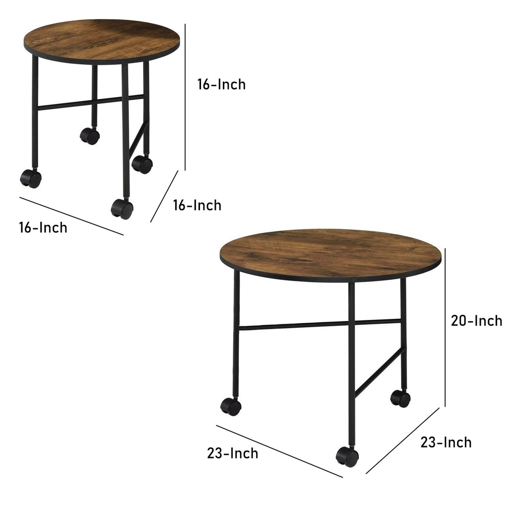Round Nesting End Table with Casters, Oak Brown and Black S340
