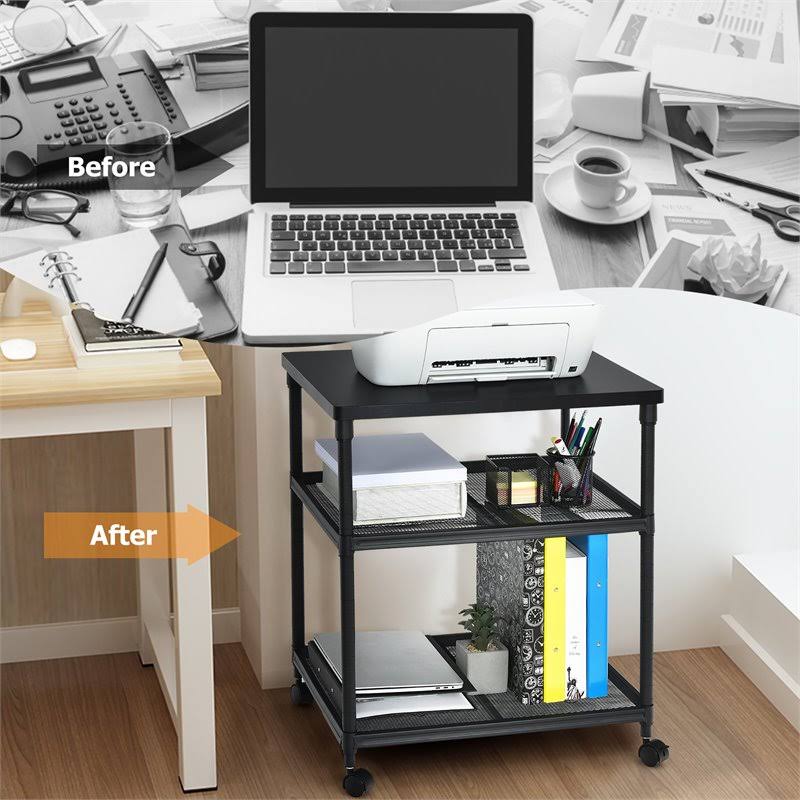 3-Tier Printer Stand Rolling Cart with Adjustable Shelf and Swivel Wheel Black T8610