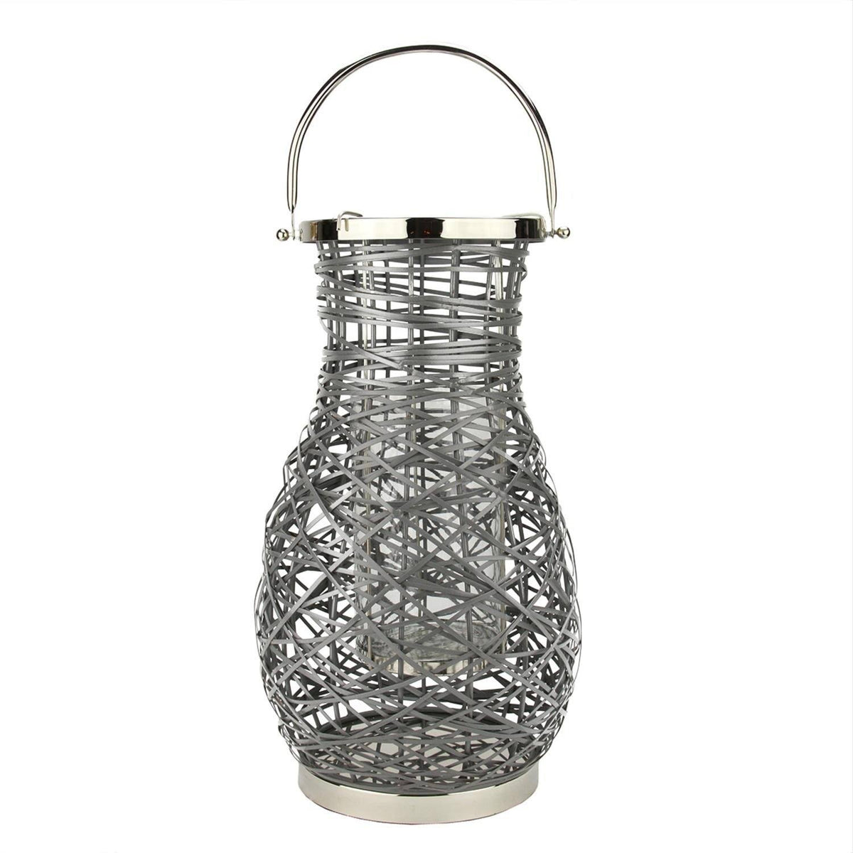 Modern Gray Decorative Woven Iron Pillar Candle Lantern with Glass Hurricane S63313
