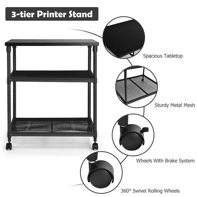 3-Tier Printer Stand Rolling Cart with Adjustable Shelf and Swivel Wheel Black T8610