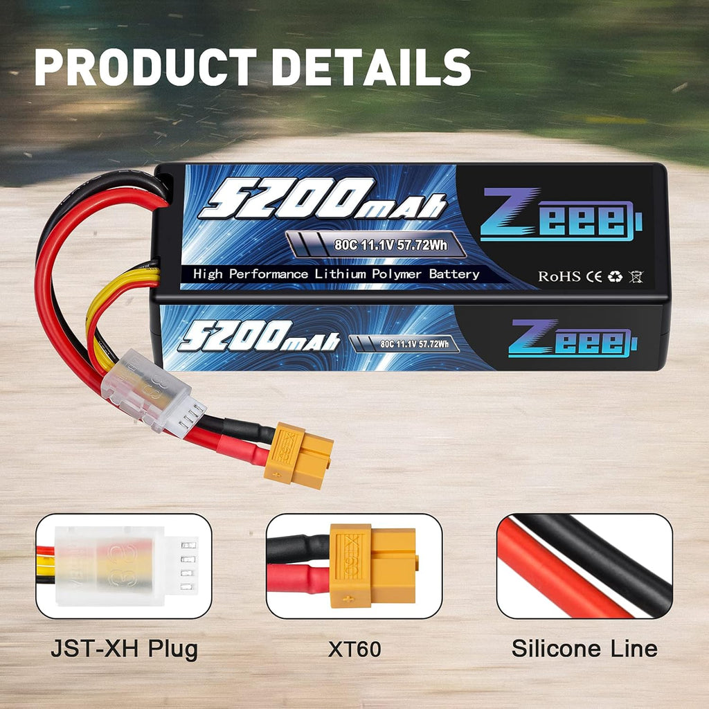 3S Lipo Battery 5200mAh 11.1V 80C with XT60 Connector Hard Case (2 Pack) F694336