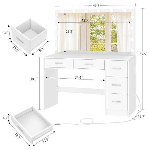 Black Makeup Vanity Desk with Mirror and 5 Drawers T71099