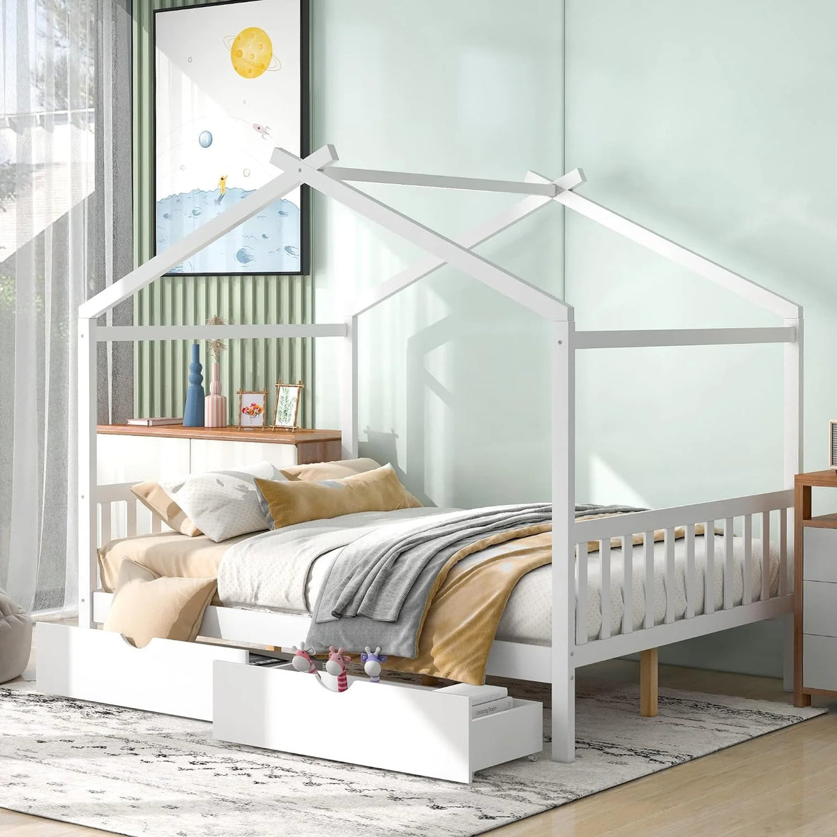 White Full Size Wood Platform Bed with 2 Drawers F1808