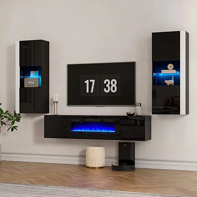 Black/White Floating Fireplace TV Stand with 2 Wall Cabinets U86715