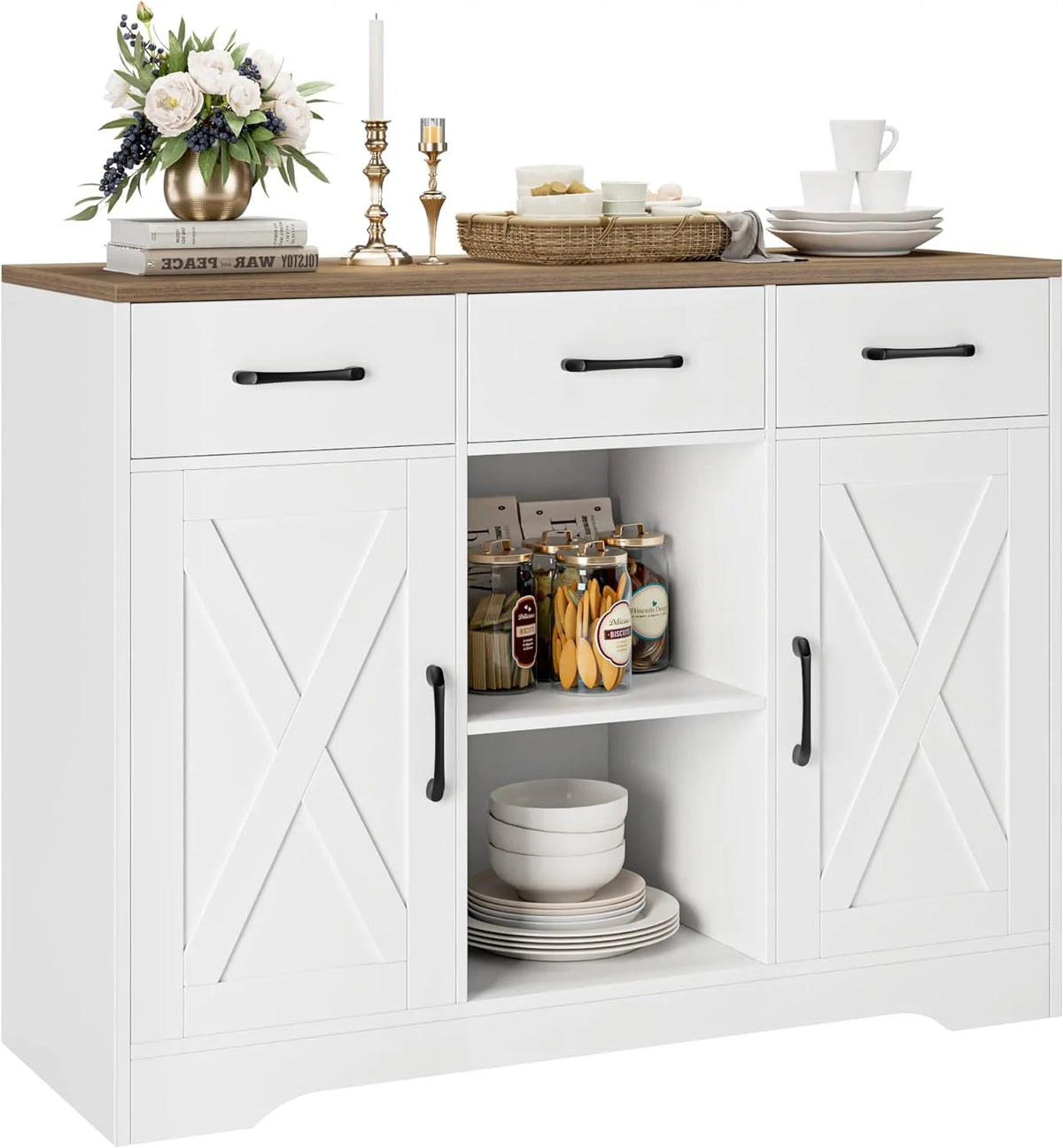 Dark Brown Wood Buffet Storage Cabinet with Barn Doors O63160