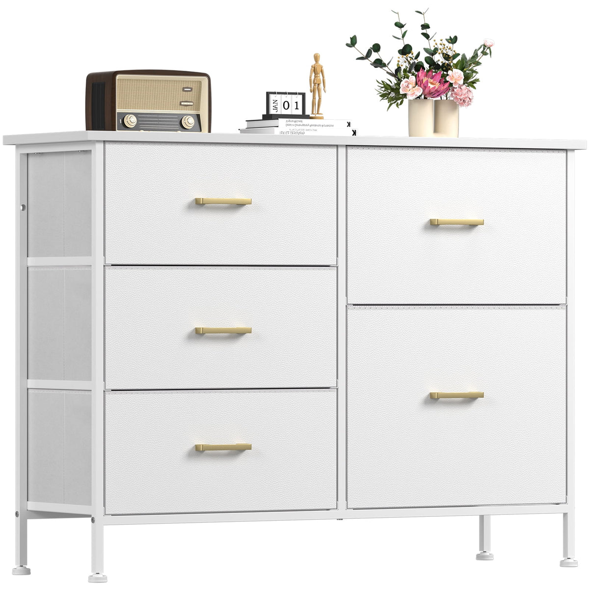 White 5 Drawer Dresser with Steel Frame D9080