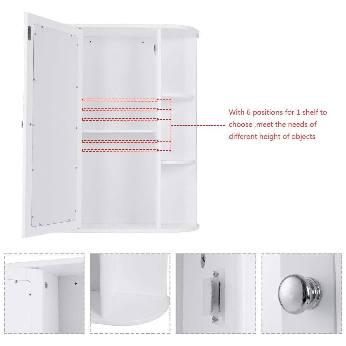 White Wooden Bathroom Storage Cabinet with Mirror Door & 8 Shelves J16722
