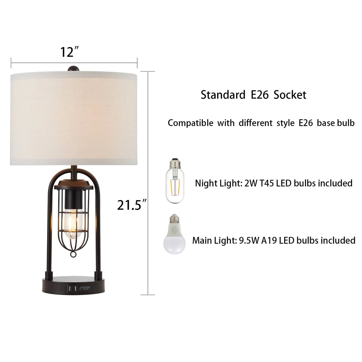 21'' Table Lamps Set of 2 with USB Port and Night Light, White Drum Shade P67490