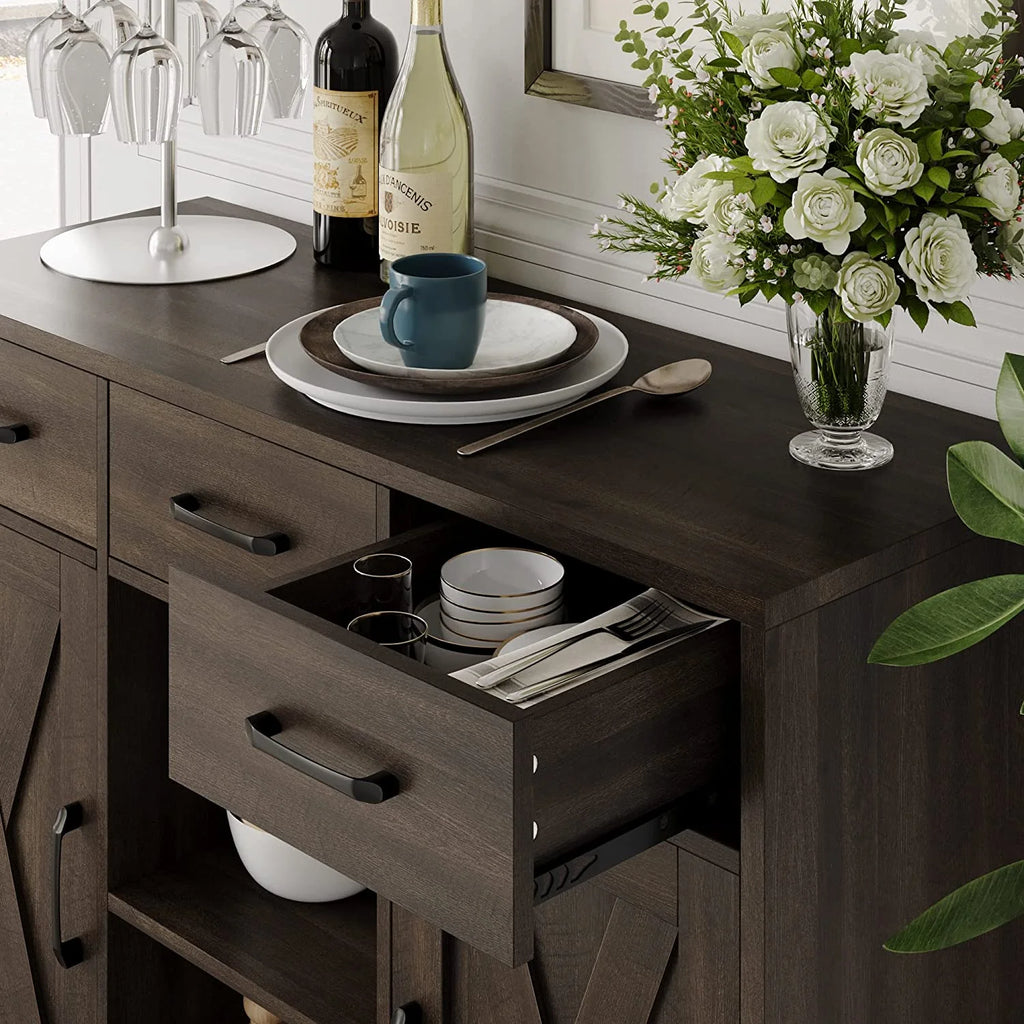 Dark Brown Wood Buffet Storage Cabinet with Barn Doors O63160