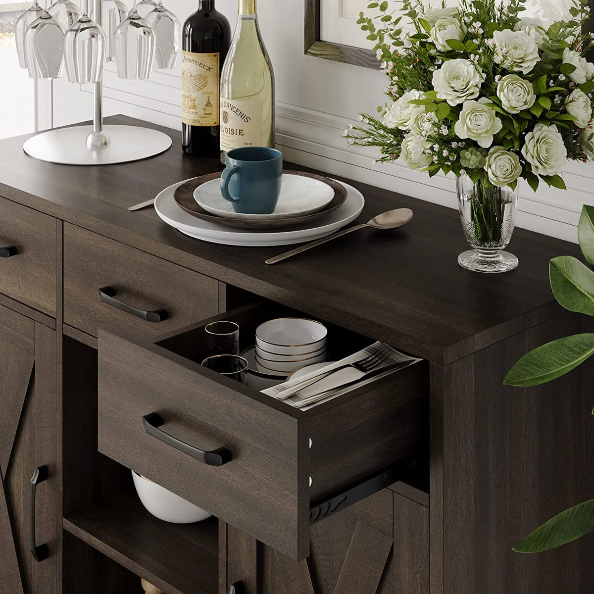 Dark Brown Wood Buffet Storage Cabinet with Barn Doors O63160