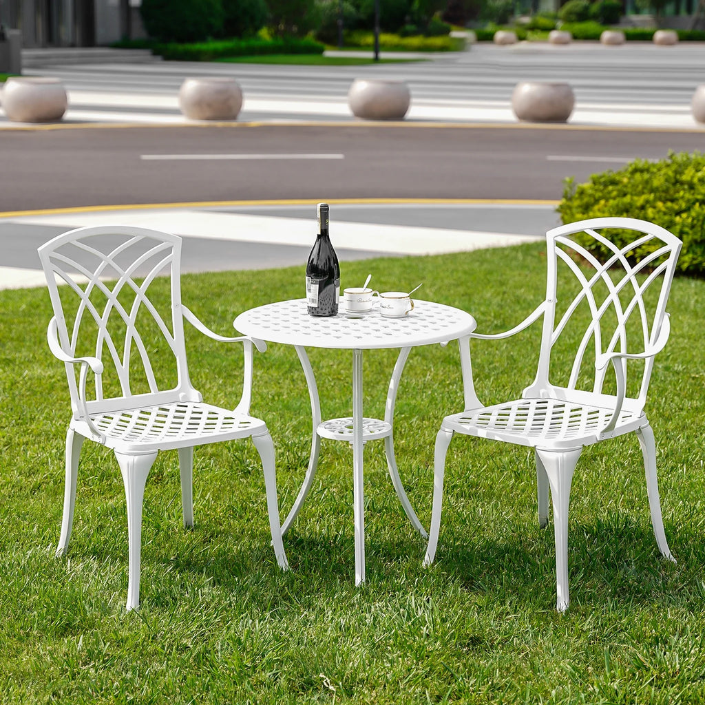 White Bistro Set with Umbrella Hole Cast Aluminum U579
