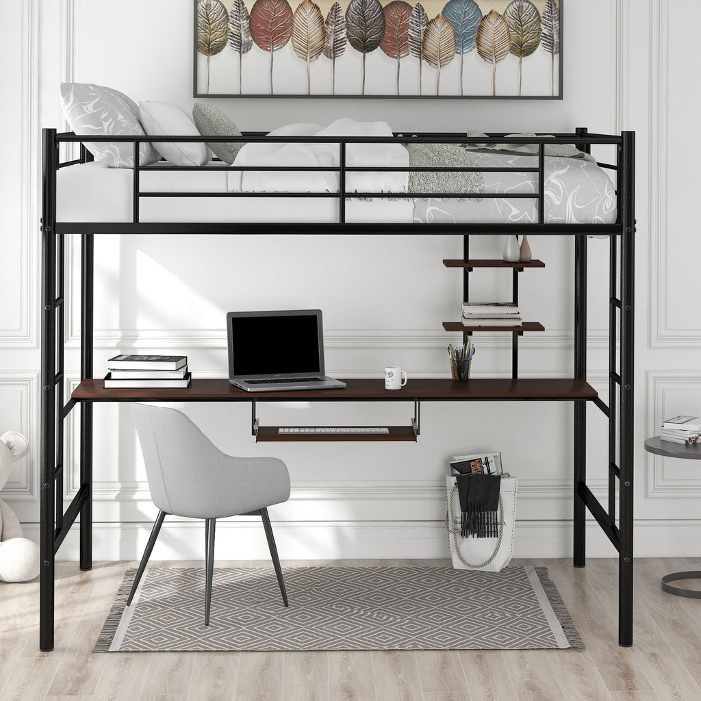 Metal Twin Size Loft Bed with Desk and Shelf T506
