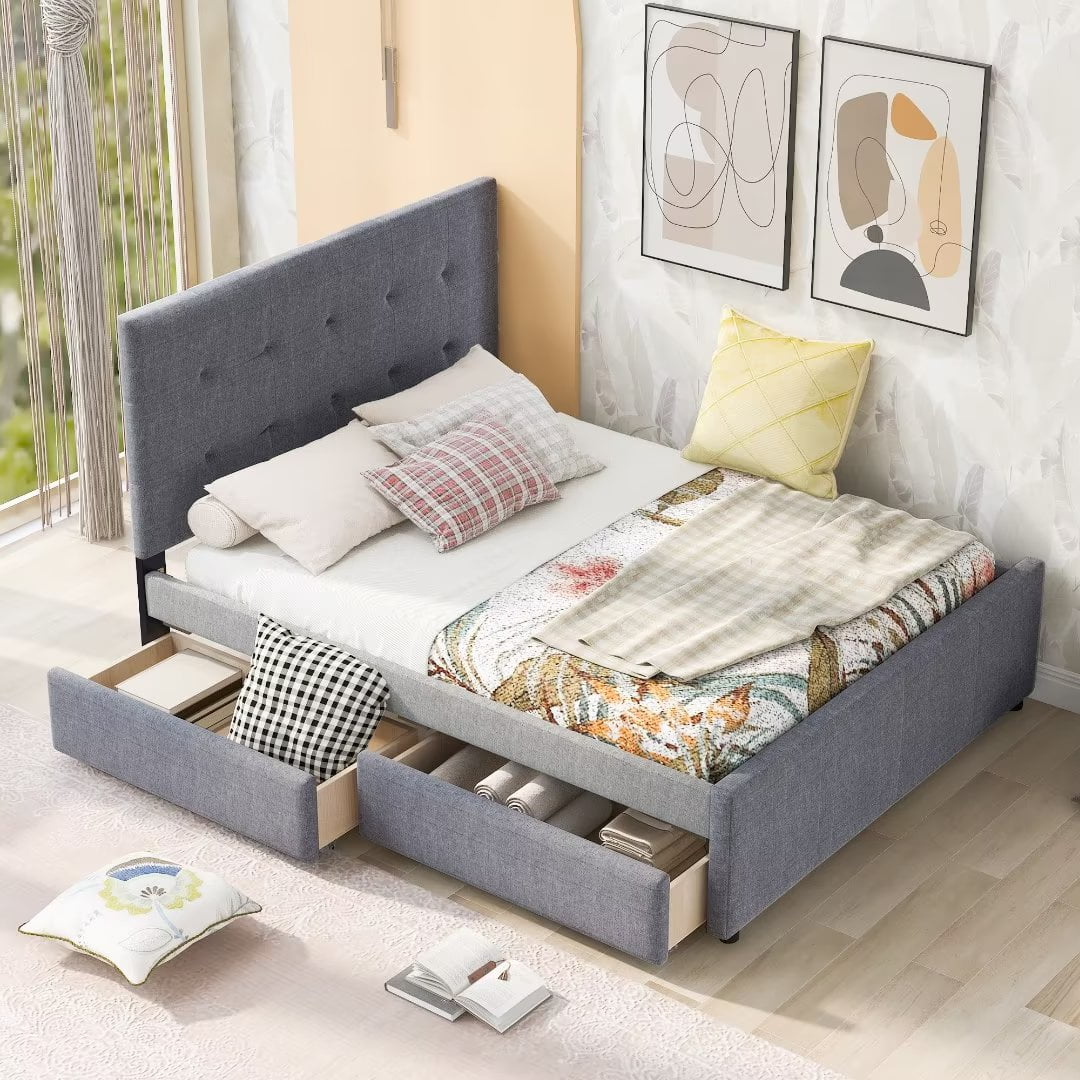 Queen Size Upholstered Platform Bed Frame with Storage 2 Drawers J395