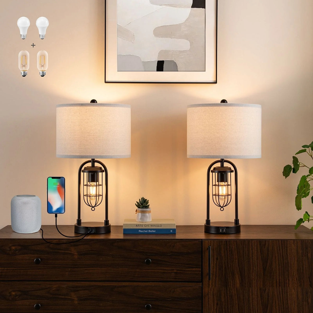 21'' Table Lamps Set of 2 with USB Port and Night Light, White Drum Shade P67490