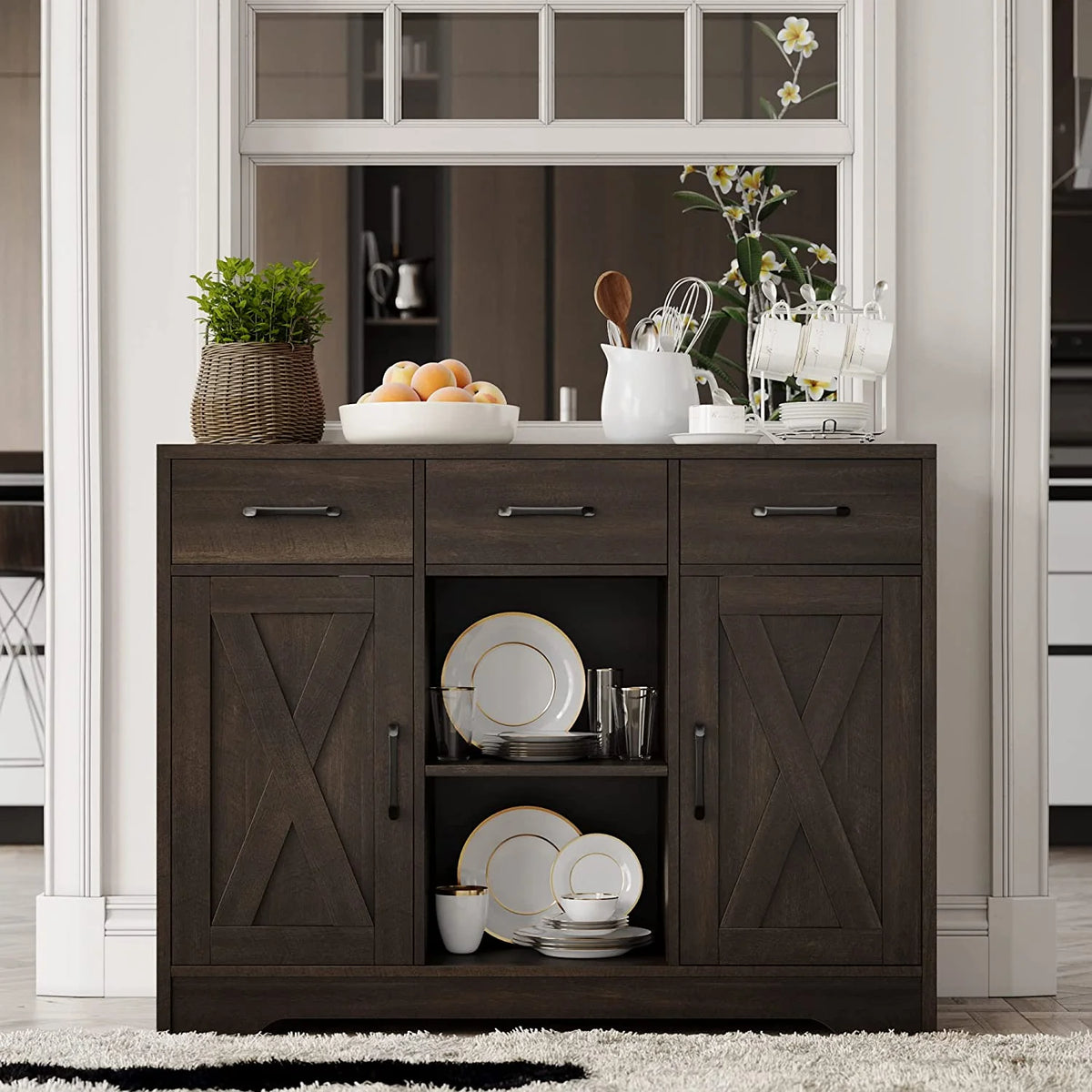 Dark Brown Wood Buffet Storage Cabinet with Barn Doors O63160
