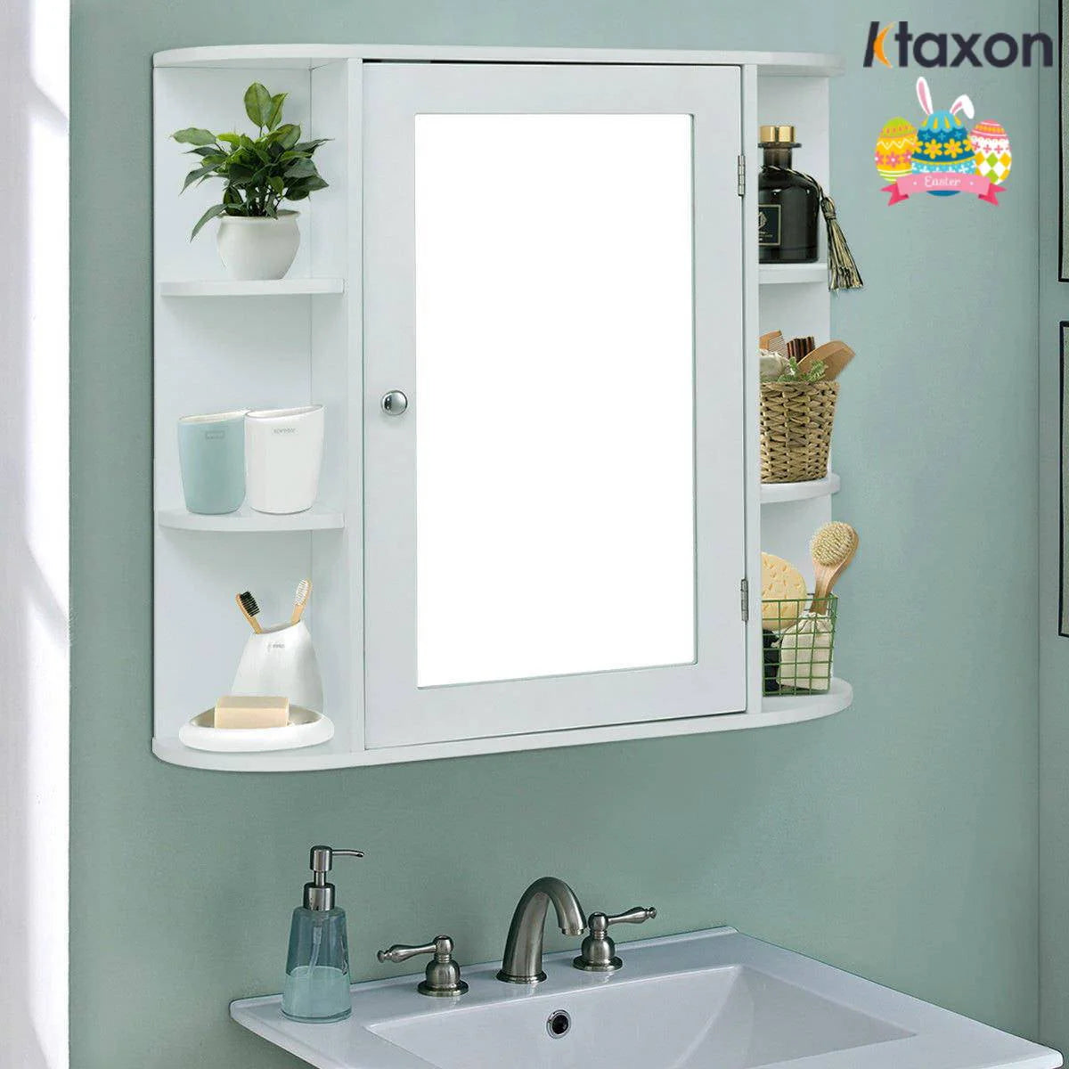 White Wooden Bathroom Storage Cabinet with Mirror Door & 8 Shelves J16722