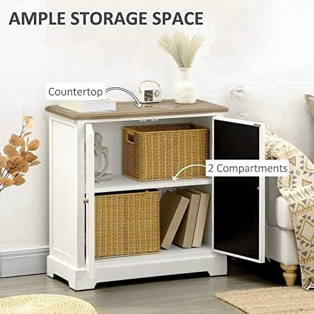 White Sideboard Buffet Cabinet with Double Glass Doors and Solid Wood Countertop B906509