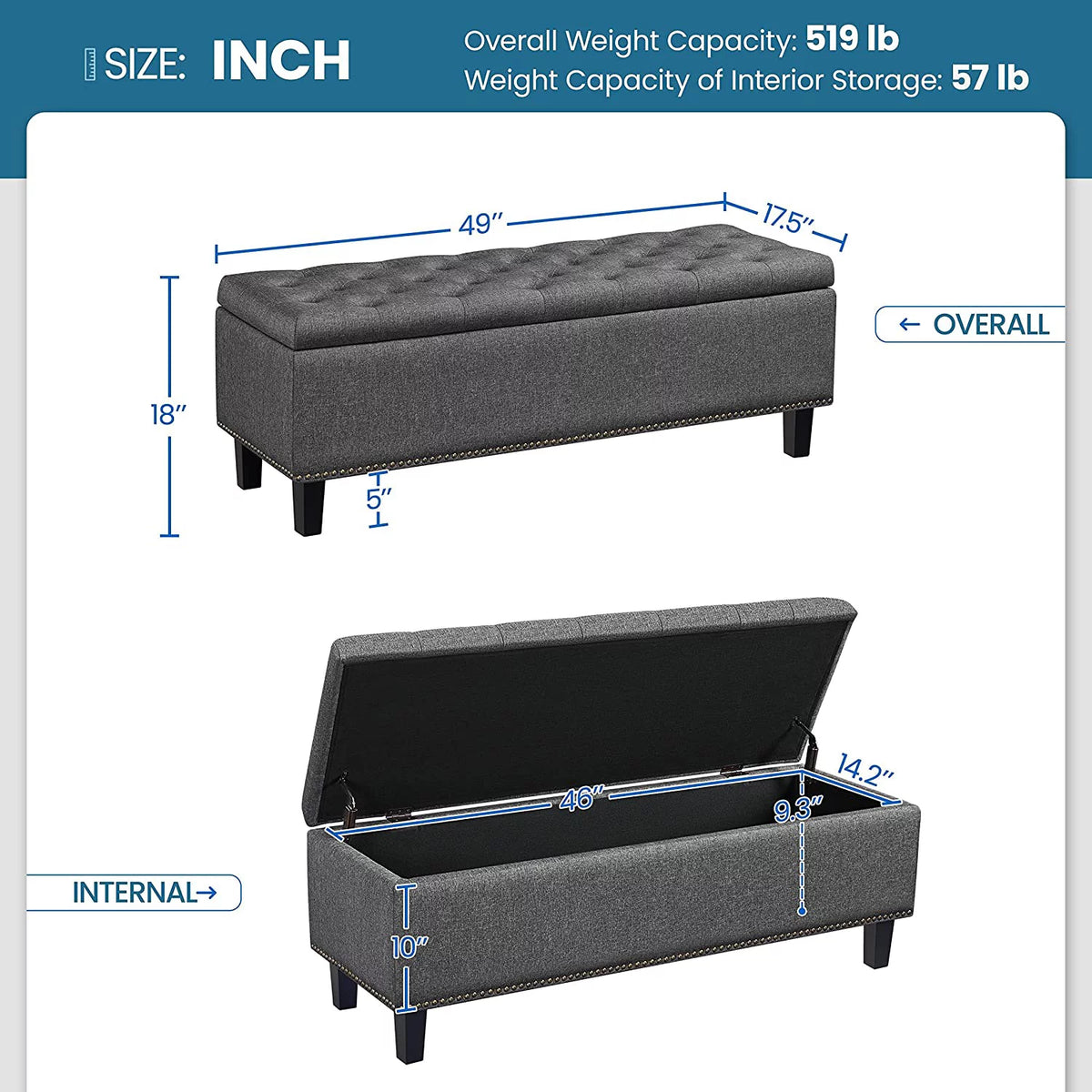 Dark Gray 50-inch Storage Ottoman E34864