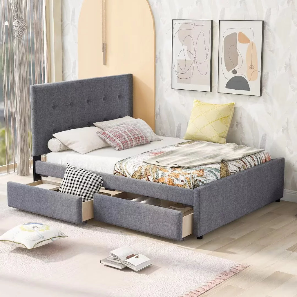 Queen Size Upholstered Platform Bed Frame with Storage 2 Drawers J395