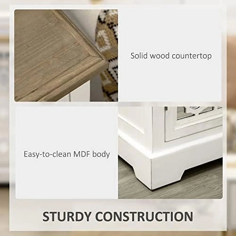 White Sideboard Buffet Cabinet with Double Glass Doors and Solid Wood Countertop B906509