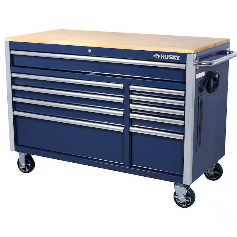 10 Drawer Mobile Workbench Tool Chest with Wood Work Top in Gloss Blue V804425