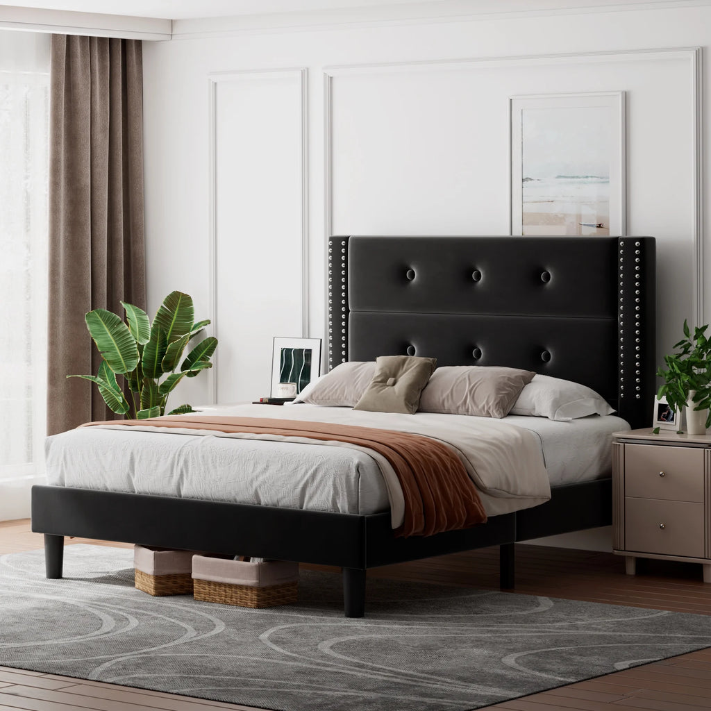 Queen Black Velvet Upholstered Platform Bed Frame with Tufting Headboard S196